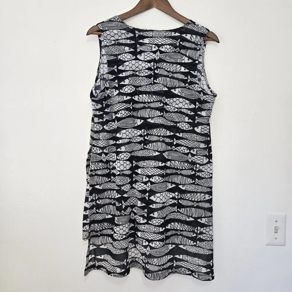 Alfani V-Neck Tank Size Medium Navy Fish All‎ Over Print Hi-Lo Hem Flowy